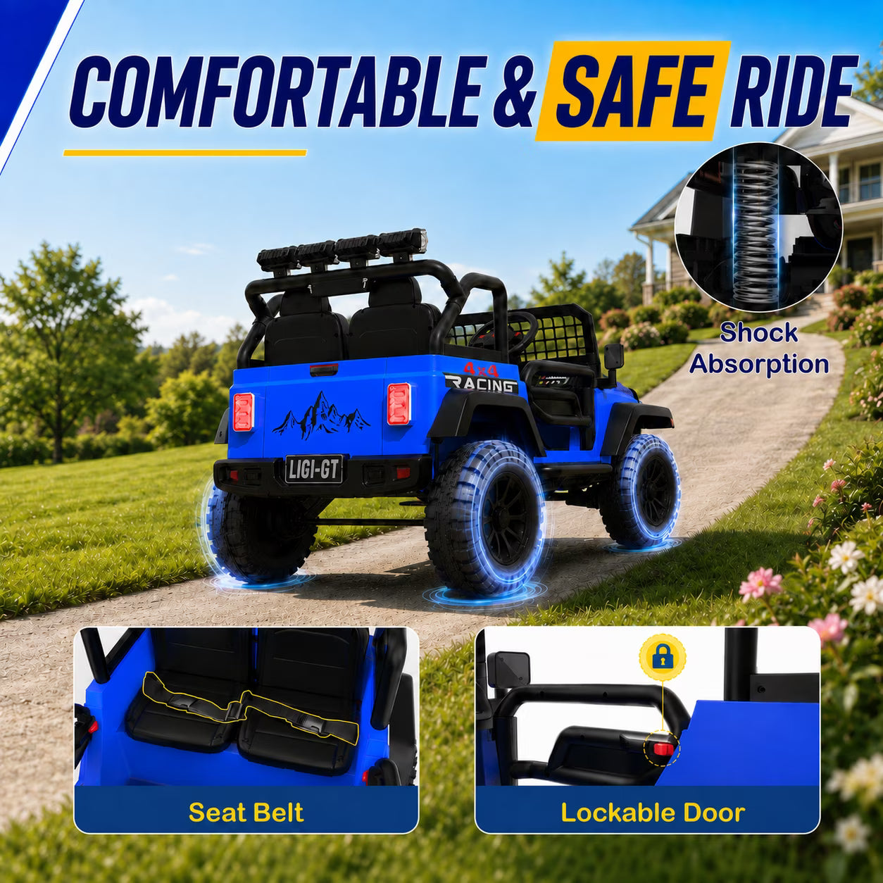 24V 2 Seater Ride On Car for Big Kids, Remote Control, Spring Suspension, LED Lights, Music & Bluetooth, 4WD Electric Vehicle for Kids Ages 3-8