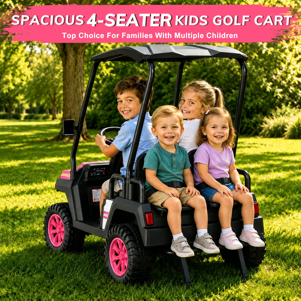 YorRover 4 Seater Kids' Golf Cart, 24V Electric Ride-On, 4×75W Motors, Parental Remote Control, 4WD Spring Suspension, Detachable Awning, Bluetooth & LED Lights, for Kids Ages 3 and up, Pink.