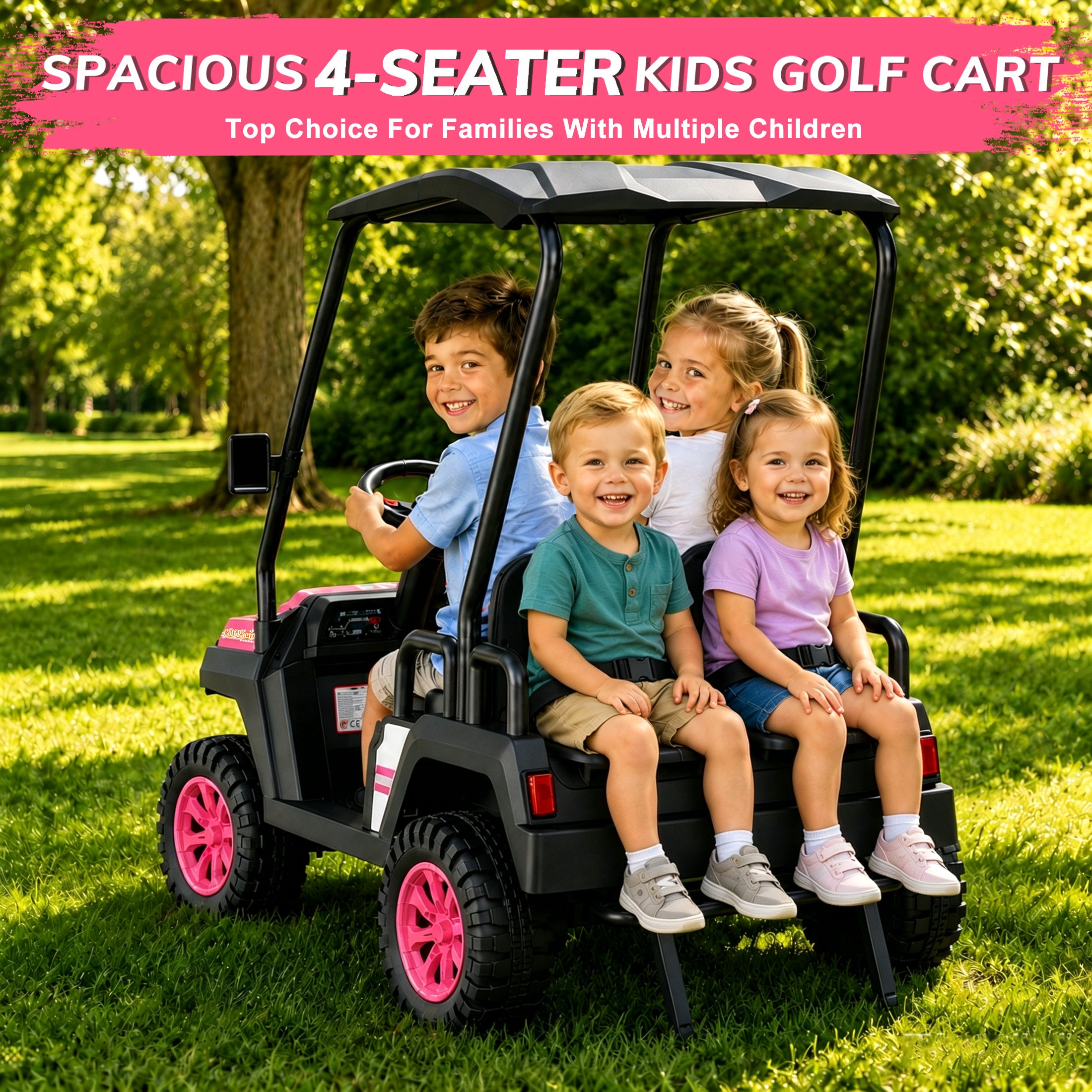 YorRover 4 Seater Kids' Golf Cart, 24V Electric Ride-On, 4×75W Motors, Parental Remote Control, 4WD Spring Suspension, Detachable Awning, Bluetooth & LED Lights, for Kids Ages 3 and up, Pink.