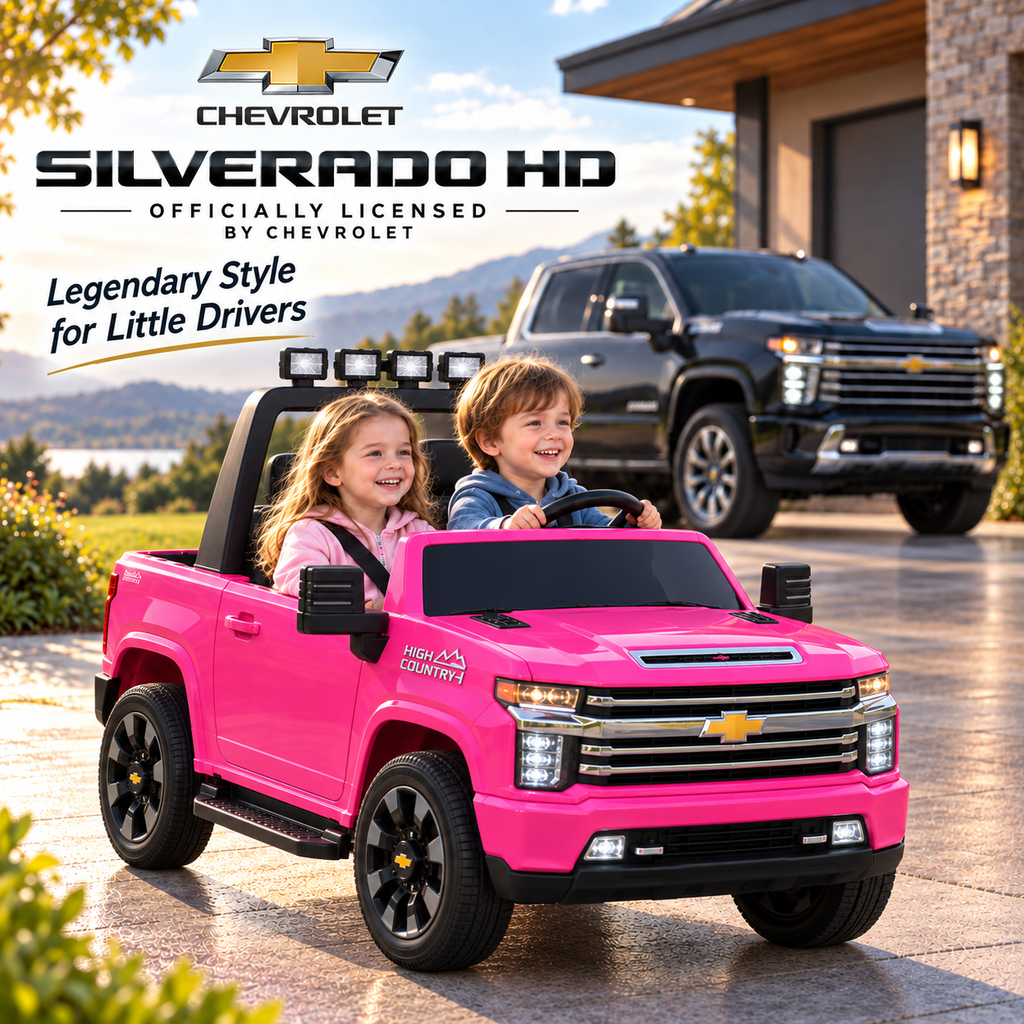 YorRover Officially Licensed Chevrolet Silverado HD 24V 4WD 2-Seater Ride-On Truck, Pink