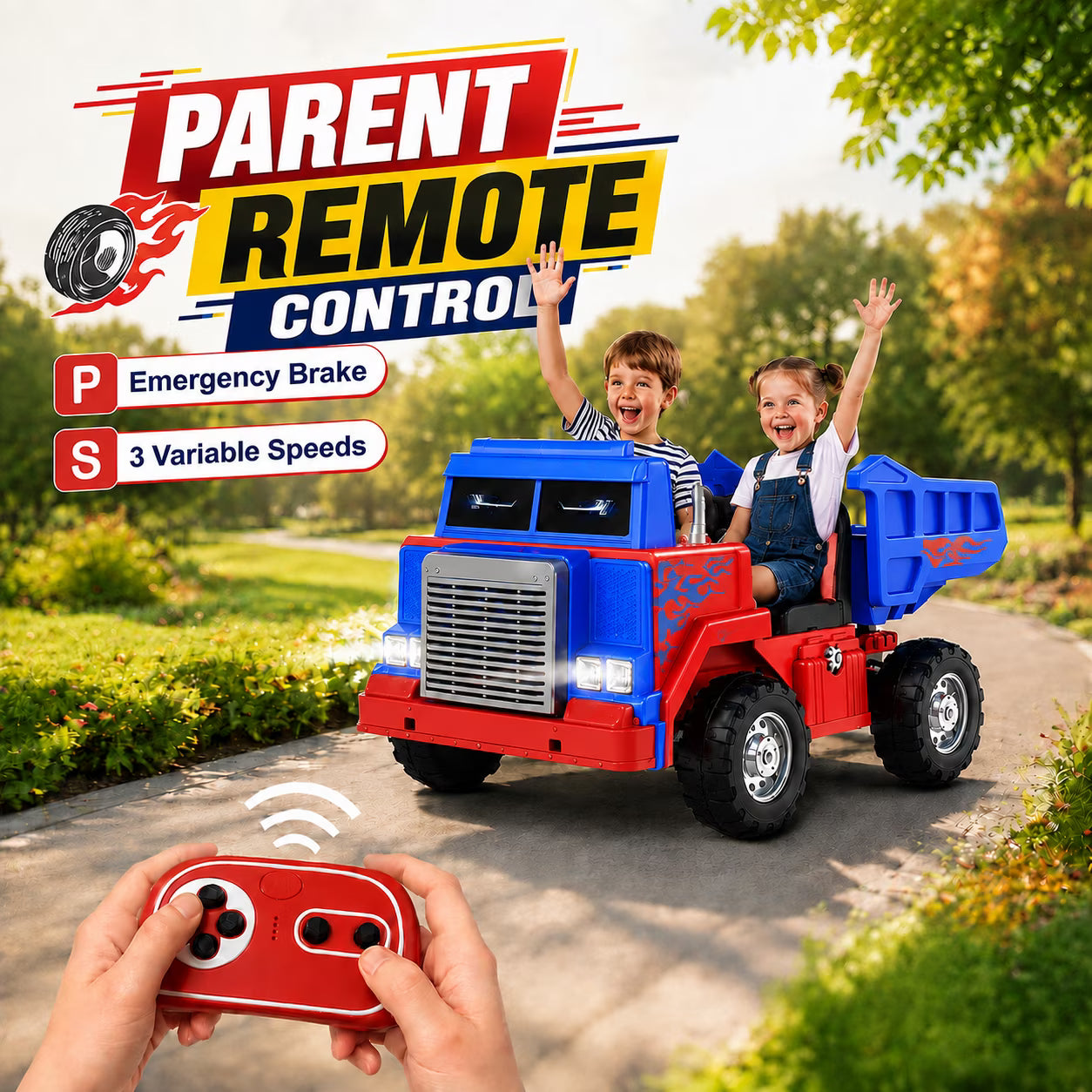 Kids Electric Dump Truck, 24V 400W 2WD/4WD Ride On Truck with Power-Lift Dump Bed, 24" Spacious 2-Seater, Parent Remote Control, Soft Start, Bluetooth & USB, Ages 3-8