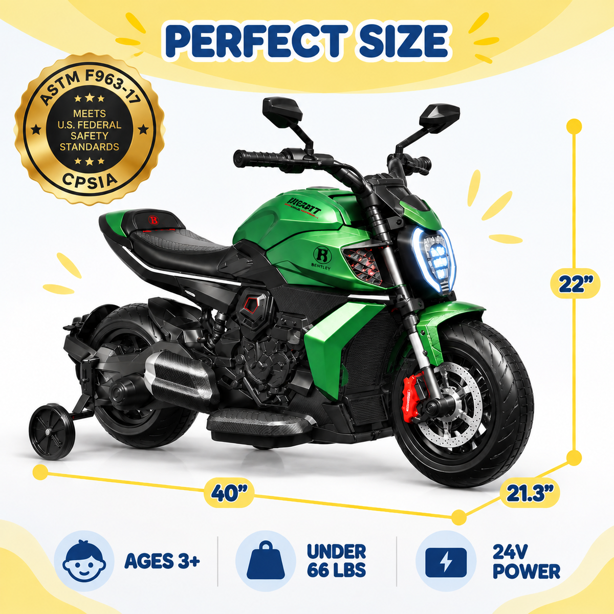 YorRover 24V Kids Ride-on Motorcycle, Ducati Licensed, Dual Motors, Training Wheels