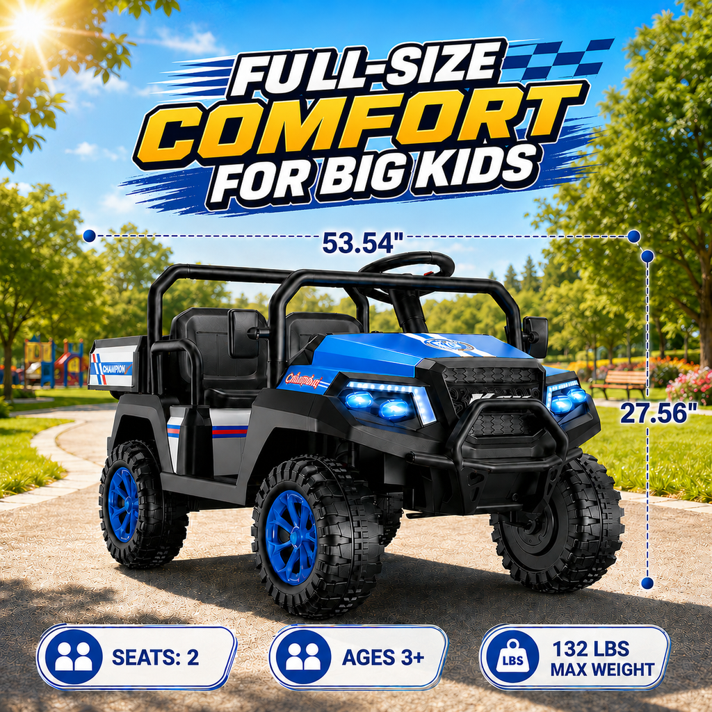 24V Ride on Toys for Big Kids, 4WD Ride on Car w/Remote Control 2-Seater Electric UTV Car, Pickup Trunk Bed, Extra Shovel, Battery Indication, 2 Speeds, Music, Wireless, LED Lights