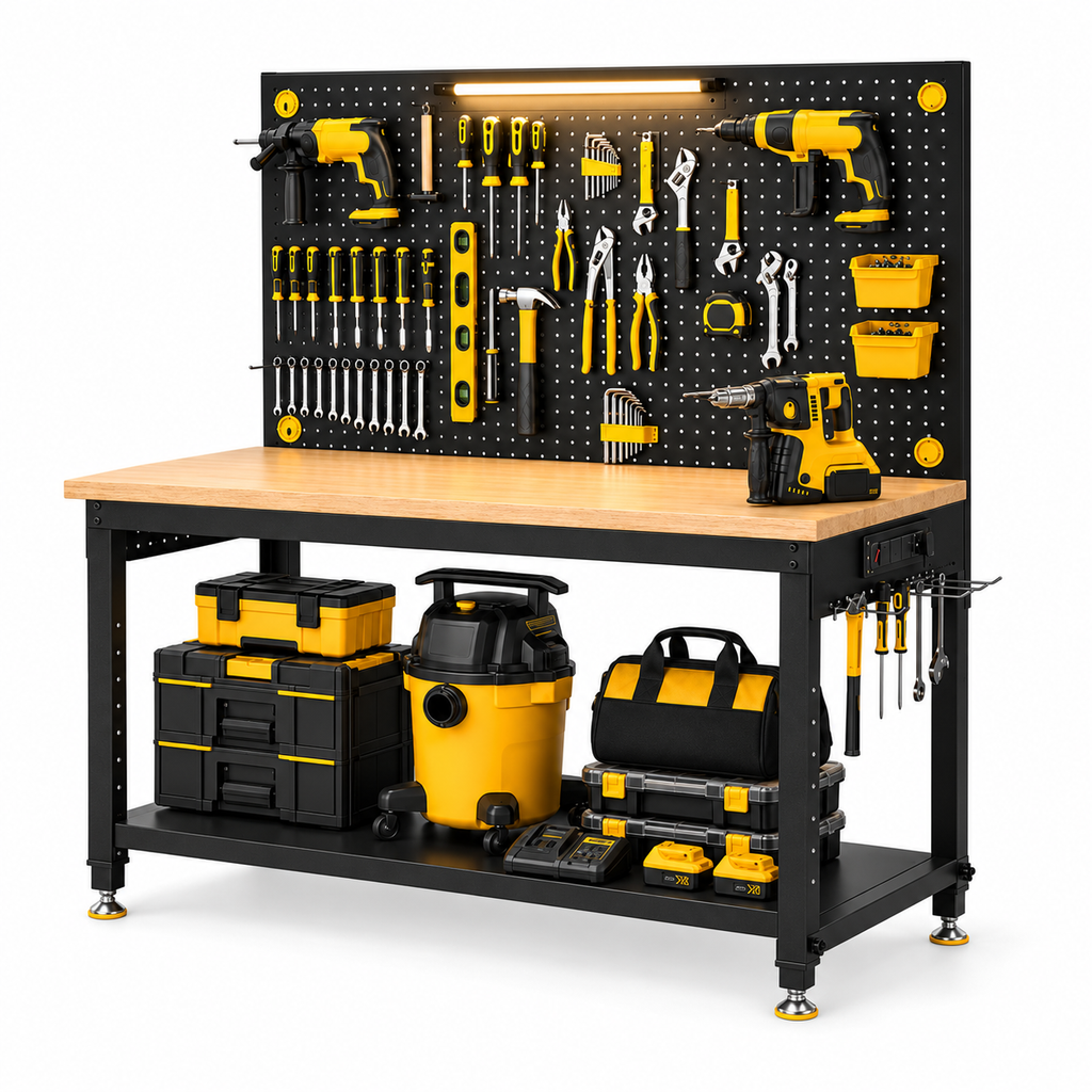 48'' Heavy Duty 2500 LBS Adjustable Workbench with Pegboard & Power Outlet,10-Level Adjustable Height