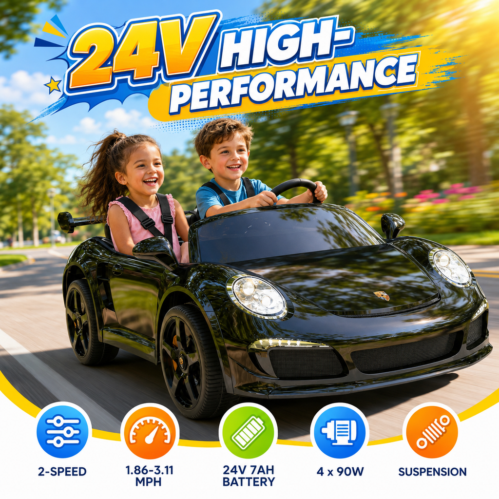 24V Kids Ride on Car for Big Kids, 2 Seaters RUF Licensed Sports Car，4WD Kids Electric Car, Ride on Toys, Remote Control, Features Music, Story, Wireless Connection