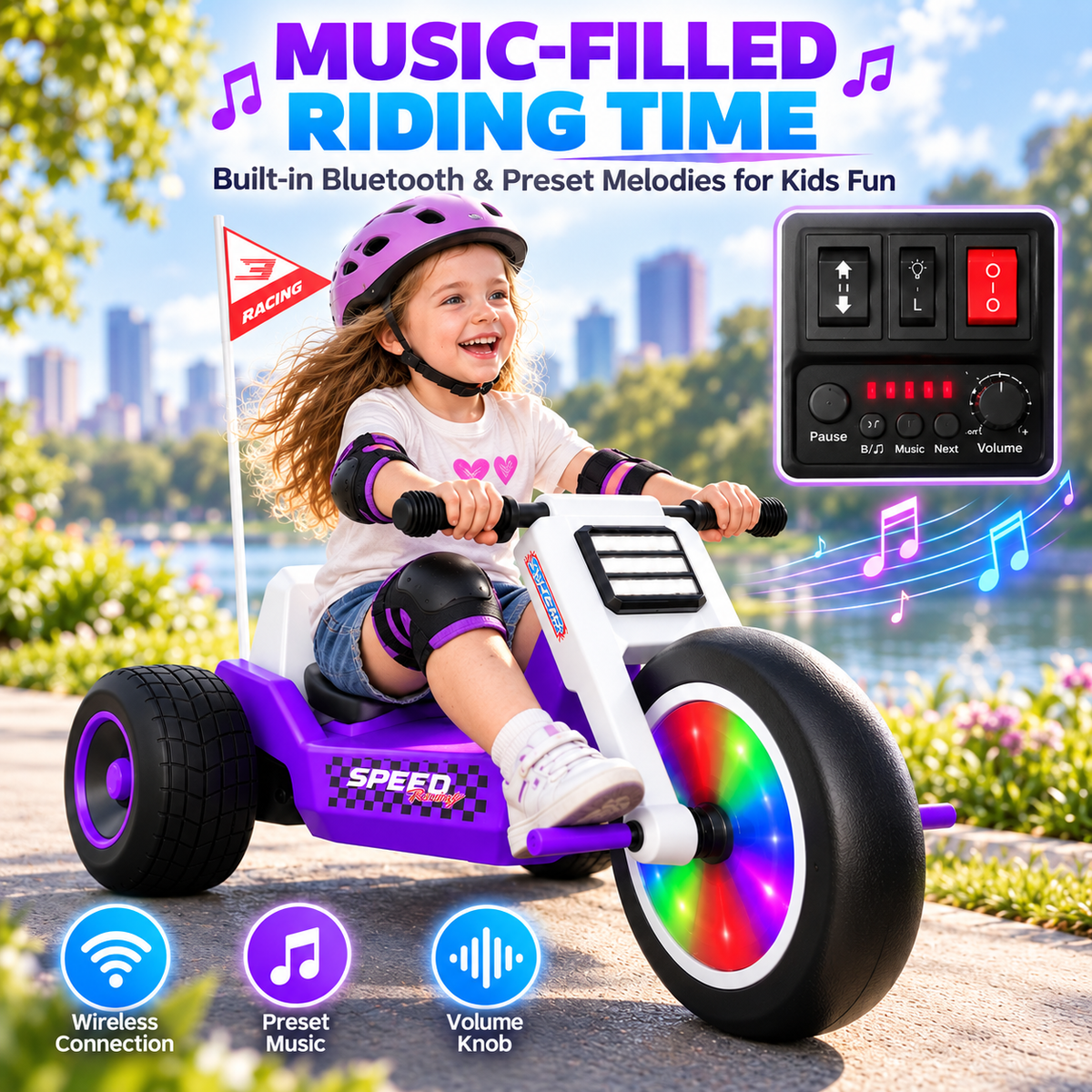 24V 4.5Ah Kids Electric Tricycle, 5 MPH Ride On Toy, Adjustable Seat, LED Front Wheel & Music, Kids 3+