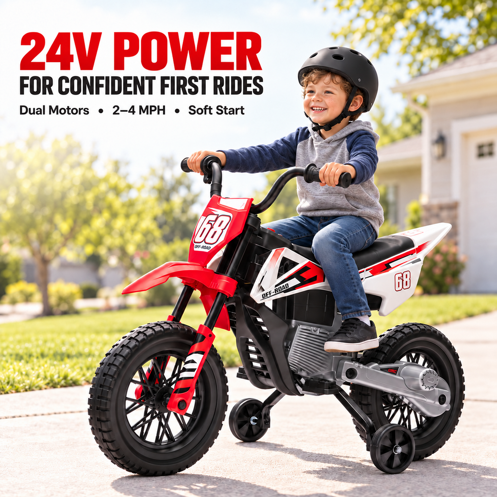 24V Kids Ride-On Motorcycle with Training Wheels, Dual Motors, 2-4 MPH Twist-Grip Throttle, Rear Suspension, Bluetooth Music, Battery Display, Motocross Style Electric Motorbike, Ages 3-8