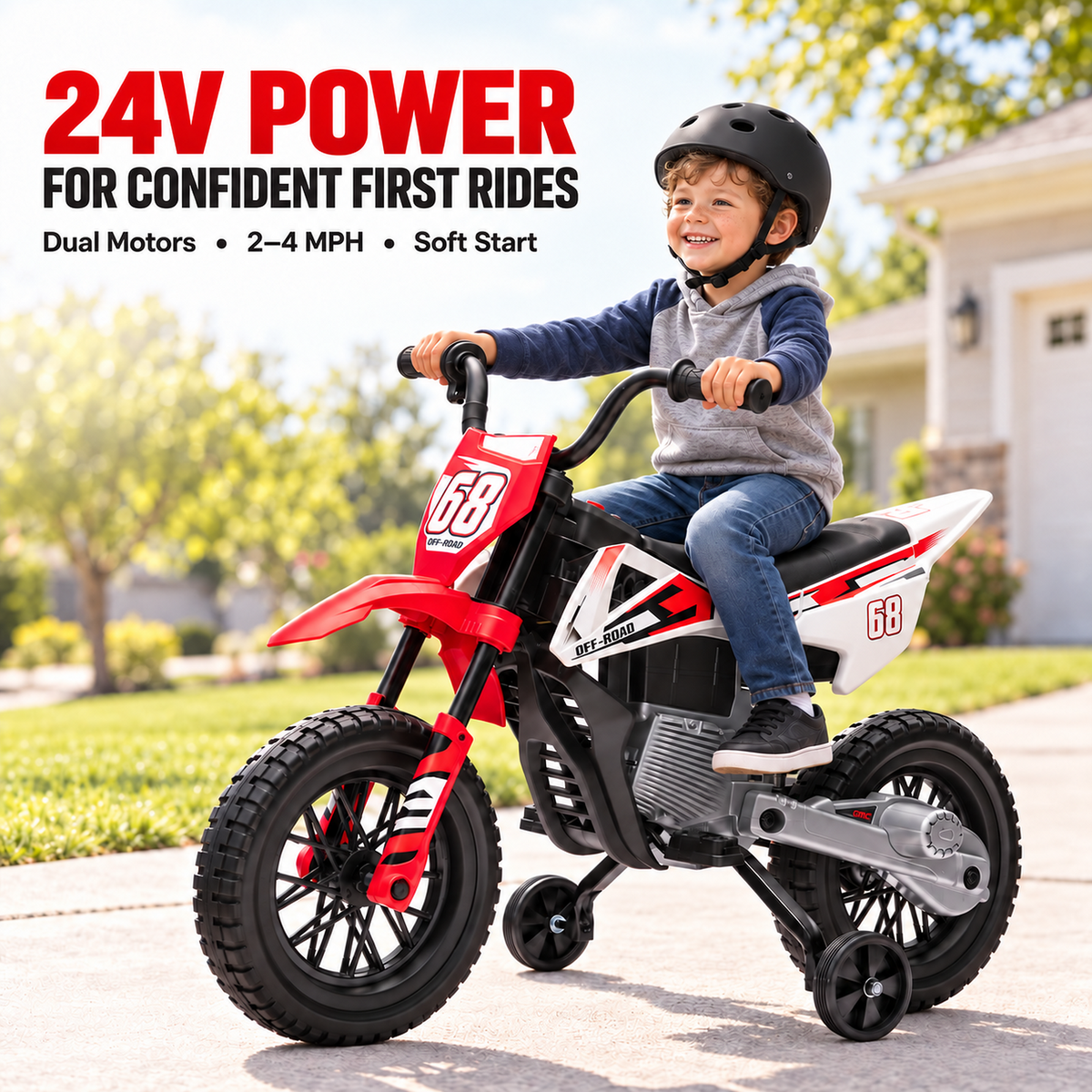 24V Kids Ride-On Motorcycle with Training Wheels, Dual Motors, 2-4 MPH Twist-Grip Throttle, Rear Suspension, Bluetooth Music, Battery Display, Motocross Style Electric Motorbike, Ages 3-8
