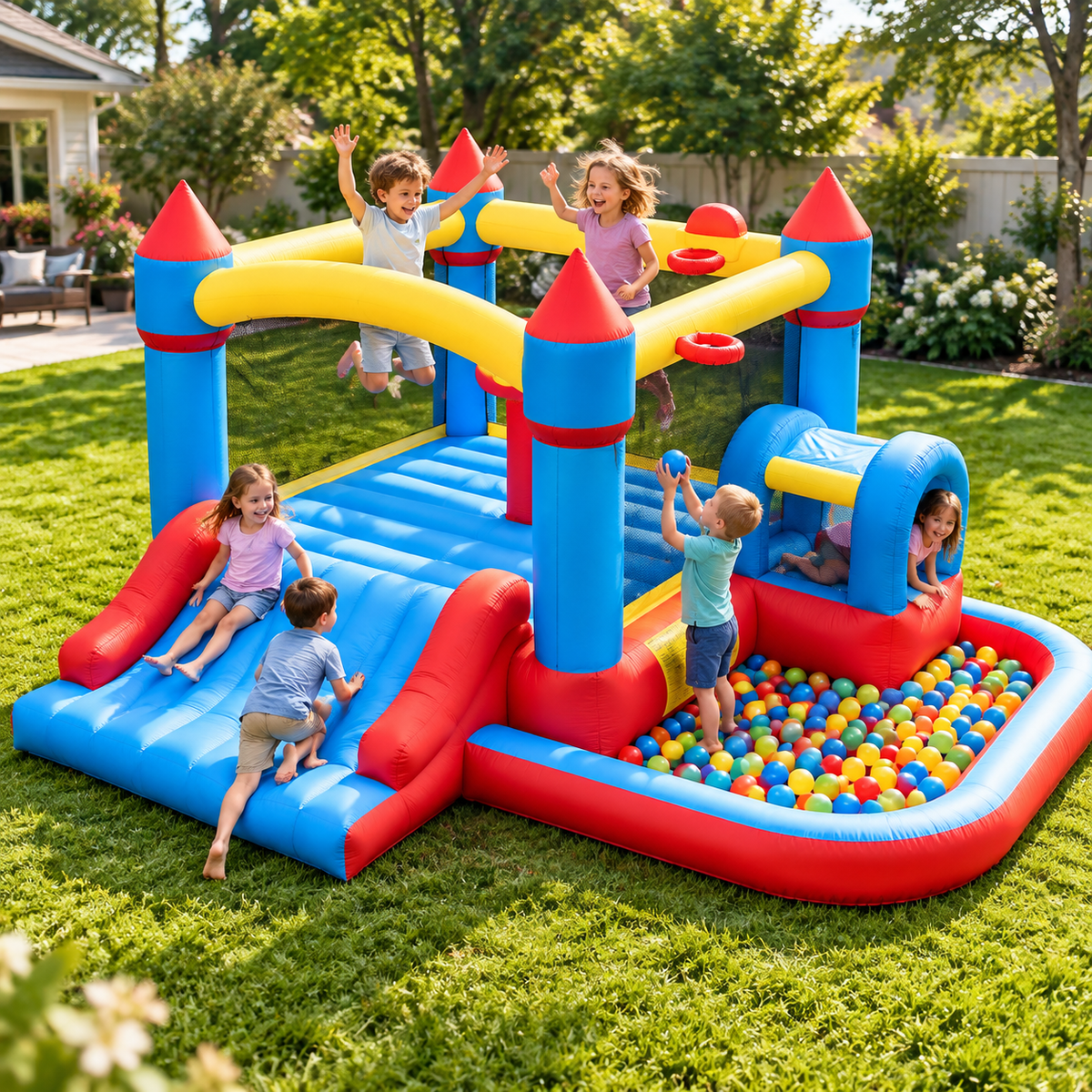10-in-1 Inflatable Bounce House with Wide Slide, 450W Blower, Climbing, Ball Pit and Games for Kids
