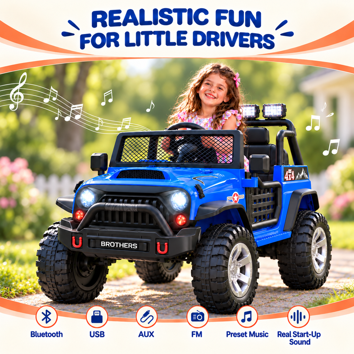 2 Seater Ride On Car, 24V 4WD Kids Electric Car with Remote Control, 4-Wheel Suspension, Bluetooth Speaker, Multiple Music Modes, 3 Speeds, LED Lights, Gift for Kids Ages 3+