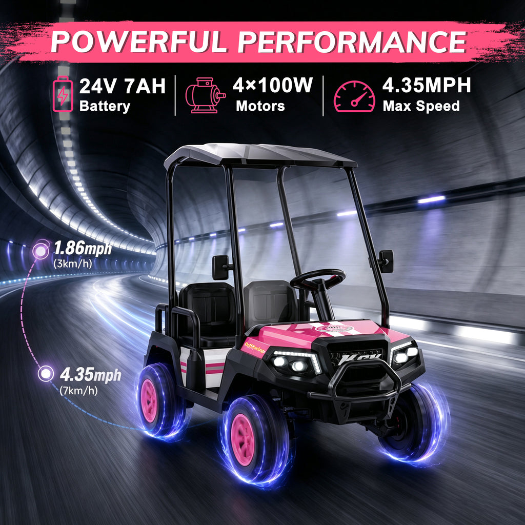 YorRover 4 Seater Kids' Golf Cart, 24V Electric Ride-On, 4×75W Motors, Parental Remote Control, 4WD Spring Suspension, Detachable Awning, Bluetooth & LED Lights, for Kids Ages 3 and up, Pink.