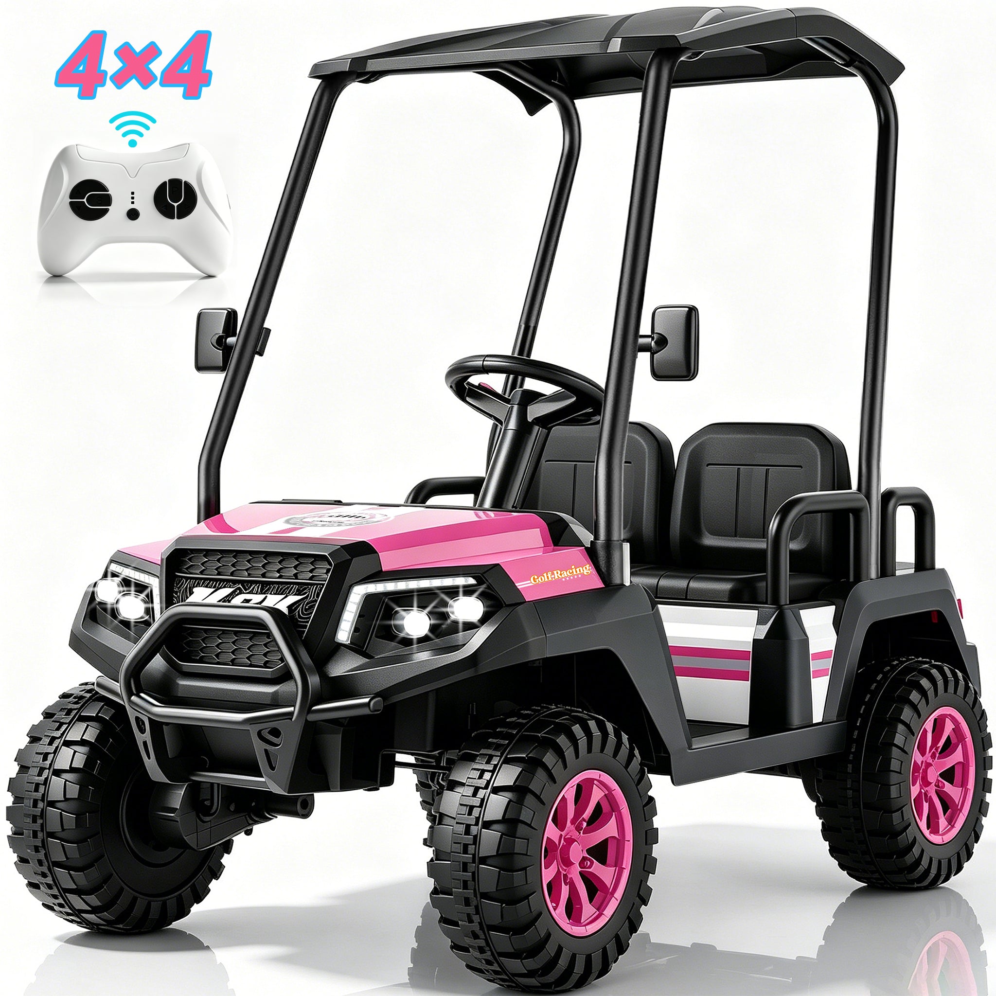 YorRover 4 Seater Kids' Golf Cart, 24V Electric Ride-On, 4×75W Motors, Parental Remote Control, 4WD Spring Suspension, Detachable Awning, Bluetooth & LED Lights, for Kids Ages 3 and up, Pink.