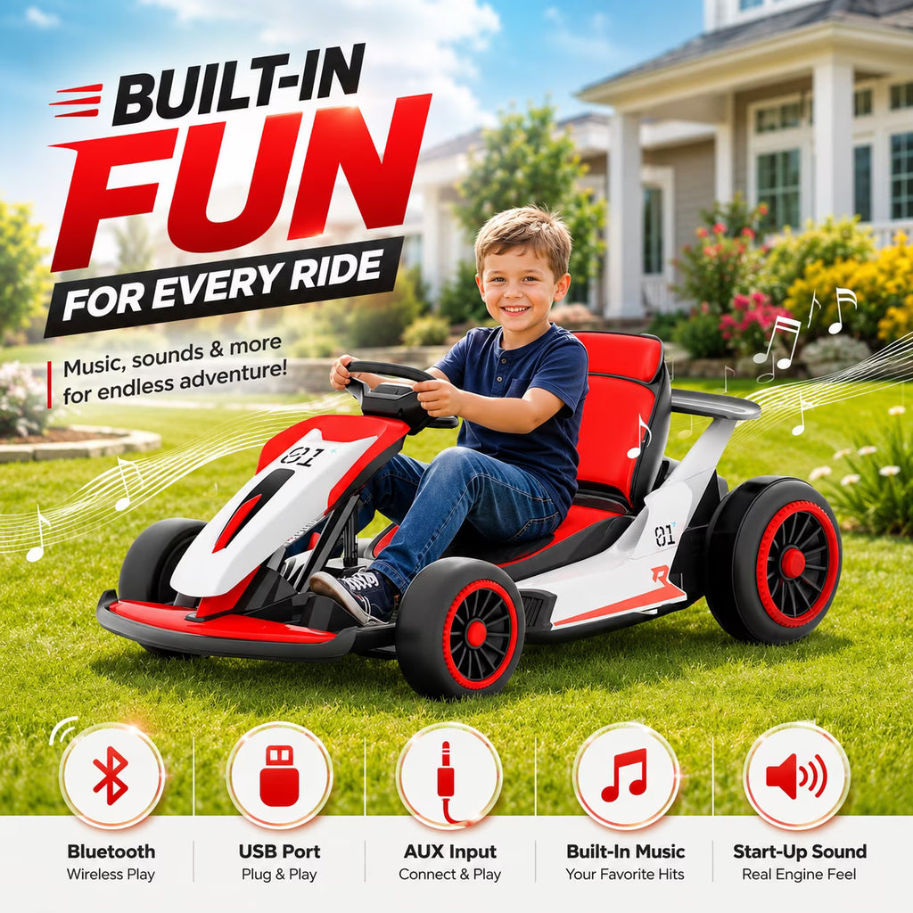 Electric Go Kart for Kids Ages 6-12, 24V Ride On Toy with 300W Motor, 5 MPH Top Speed, Slick Tires for Drifting, Soft Start, 5-Point Safety Harness, Bluetooth Music, Ideal Gift for Kids