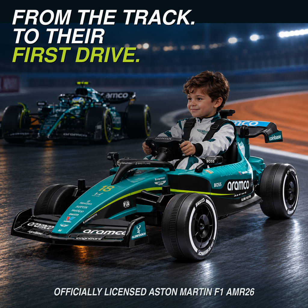 Officially Licensed Aston Martin AMR26 24V F1 Kids Ride-On Car, 4WD, Parent Remote, Up to 4.8 MPH, Bluetooth, Ages 3+, Green