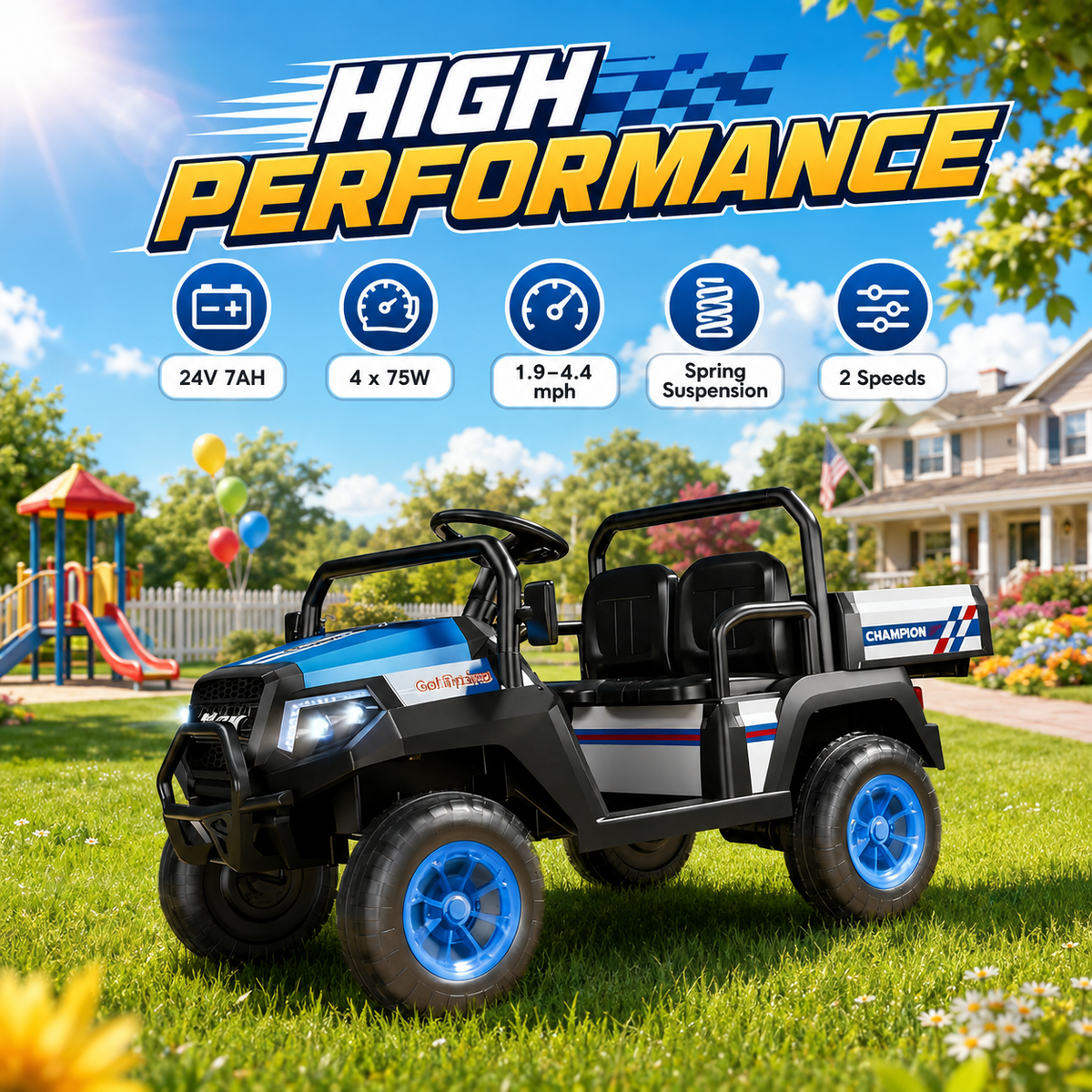 24V Ride on Toys for Big Kids, 4WD Ride on Car w/Remote Control 2-Seater Electric UTV Car, Pickup Trunk Bed, Extra Shovel, Battery Indication, 2 Speeds, Music, Wireless, LED Lights