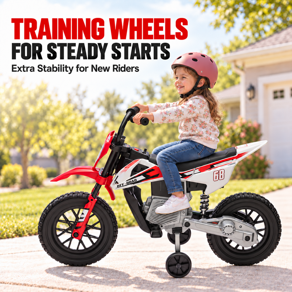 24V Kids Ride-On Motorcycle with Training Wheels, Dual Motors, 2-4 MPH Twist-Grip Throttle, Rear Suspension, Bluetooth Music, Battery Display, Motocross Style Electric Motorbike, Ages 3-8
