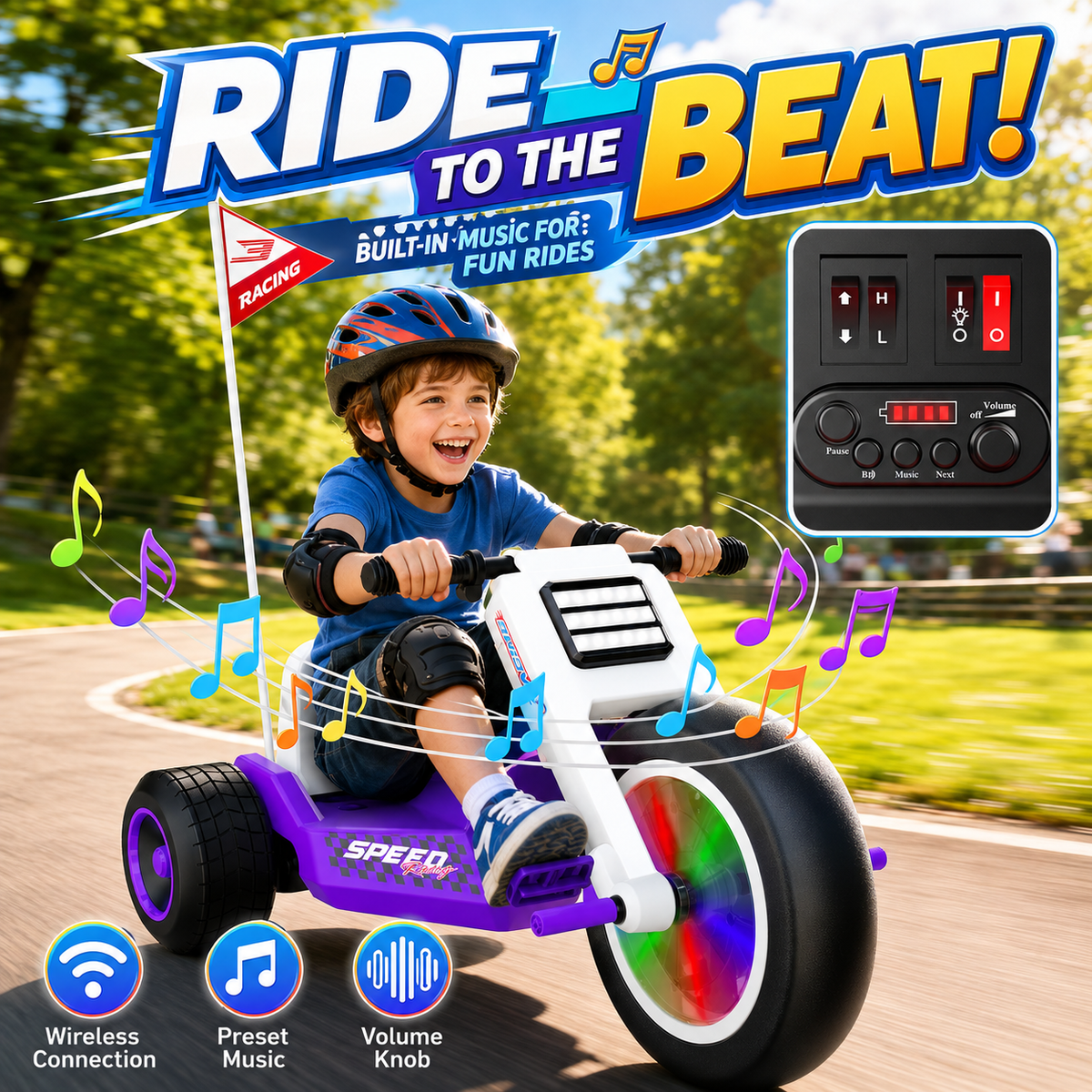 Kids Electric Tricycle, 12V 2WD Ride On Toy with Max Speed 5 MPH,Adjustable Seat, Front Wheel with LED Lights, Max Weight 66 lbs, Music, Wireless Connection, Ideal Gift for Kids 3+
