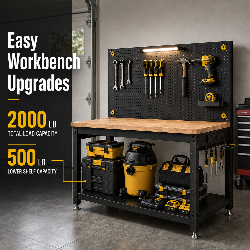 48'' Heavy Duty 2500 LBS Adjustable Workbench with Pegboard & Power Outlet,10-Level Adjustable Height