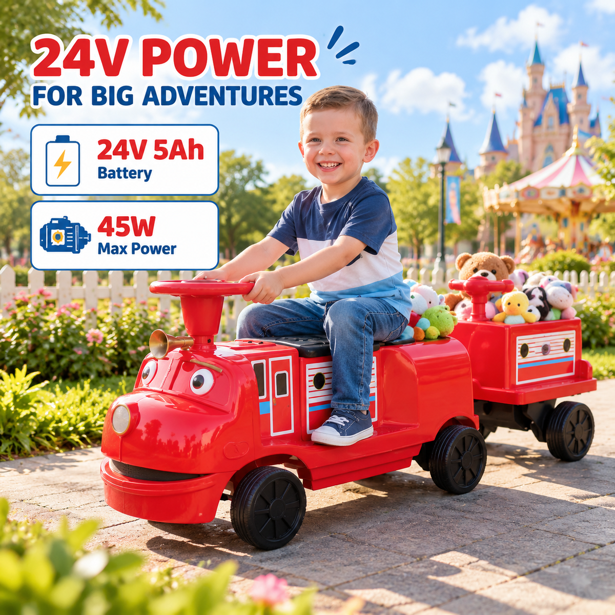 Licensed Chuggington Kids Electric Train, 24V Ride On Train with Trailer, 3 Seats