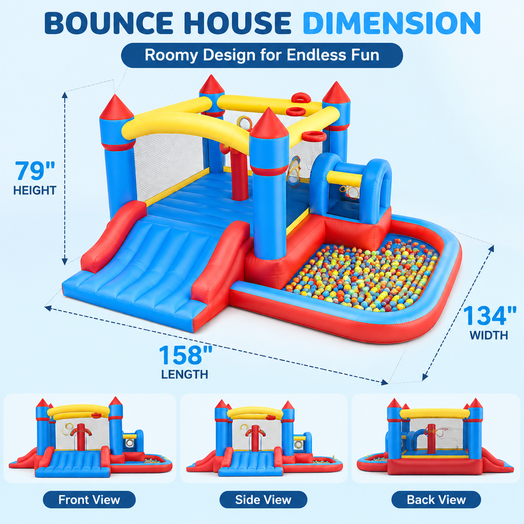 10-in-1 Inflatable Bounce House with Wide Slide, 450W Blower, Climbing, Ball Pit and Games for Kids