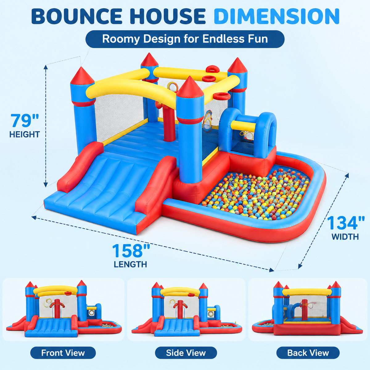 10-in-1 Inflatable Bounce House with Wide Slide, 450W Blower, Climbing, Ball Pit and Games for Kids