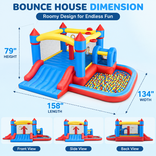 10-in-1 Inflatable Bounce House with Wide Slide, 450W Blower, Climbing, Ball Pit and Games for Kids