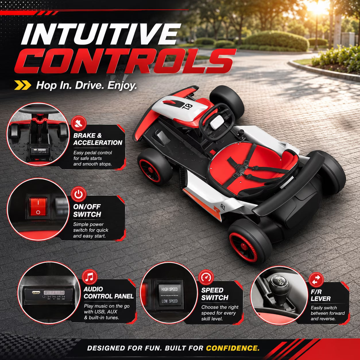 Electric Go Kart for Kids Ages 6-12, 24V Ride On Toy with 300W Motor, 5 MPH Top Speed, Slick Tires for Drifting, Soft Start, 5-Point Safety Harness, Bluetooth Music, Ideal Gift for Kids