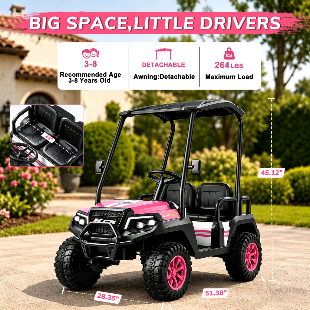 YorRover 4 Seater Kids' Golf Cart, 24V Electric Ride-On, 4×75W Motors, Parental Remote Control, 4WD Spring Suspension, Detachable Awning, Bluetooth & LED Lights, for Kids Ages 3 and up, Pink.