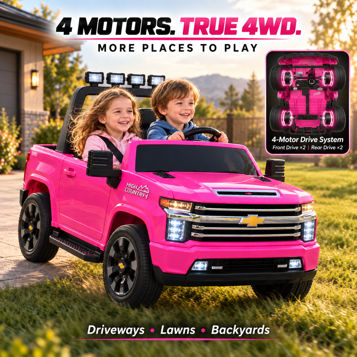 YorRover Officially Licensed Chevrolet Silverado HD 24V 4WD 2-Seater Ride-On Truck, Pink