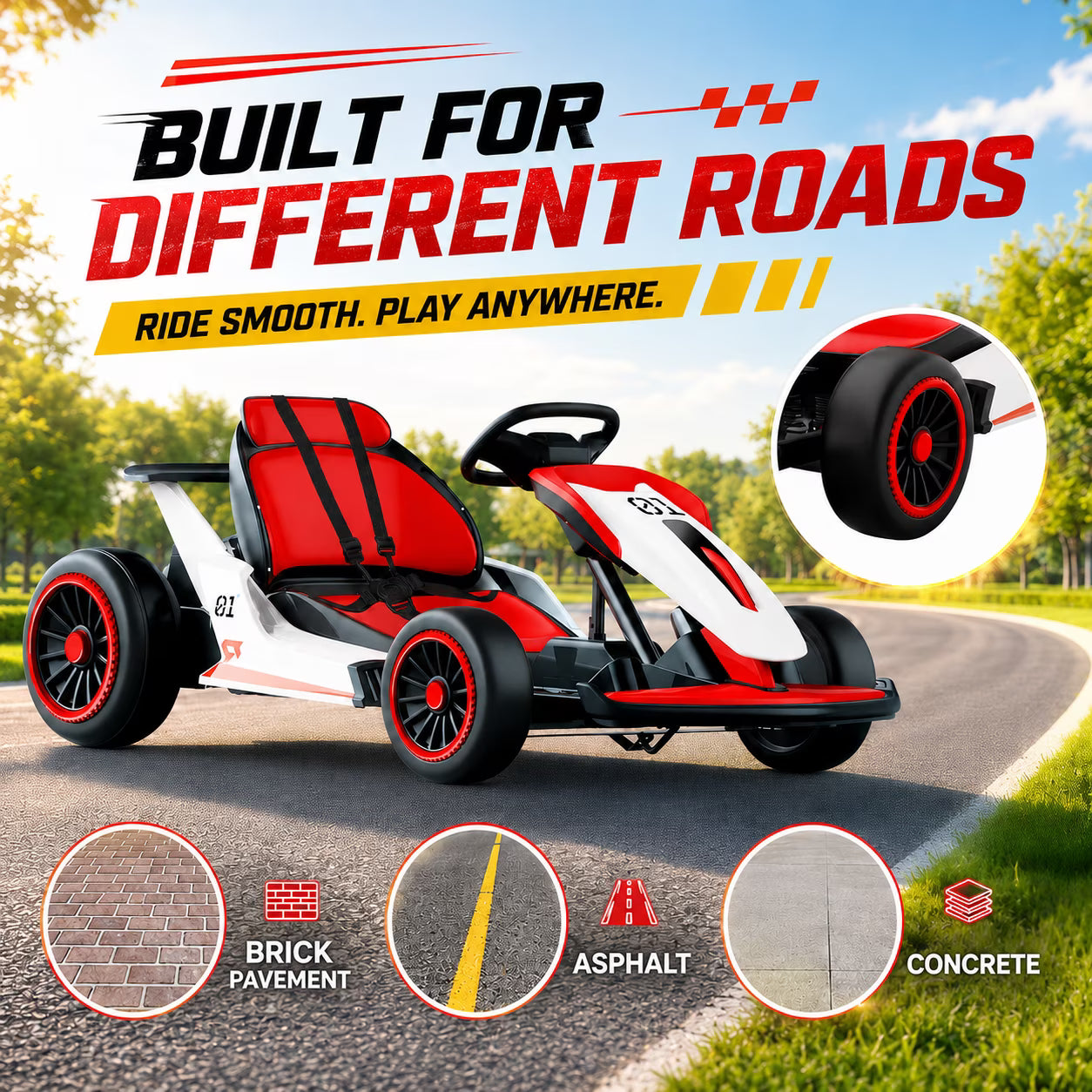 Electric Go Kart for Kids Ages 6-12, 24V Ride On Toy with 300W Motor, 5 MPH Top Speed, Slick Tires for Drifting, Soft Start, 5-Point Safety Harness, Bluetooth Music, Ideal Gift for Kids
