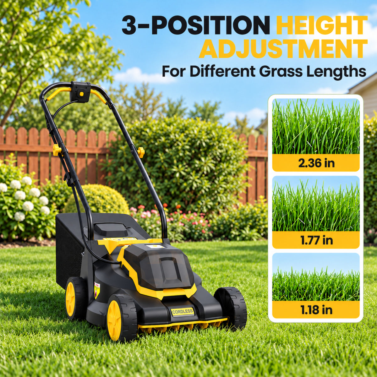 20V 14-Inch Cordless Lawn Mower, 3400 RPM Brushless Motor, 3-Position Cutting Height, Compatible with DEWALT 20V MAX Batteries, Tool Only