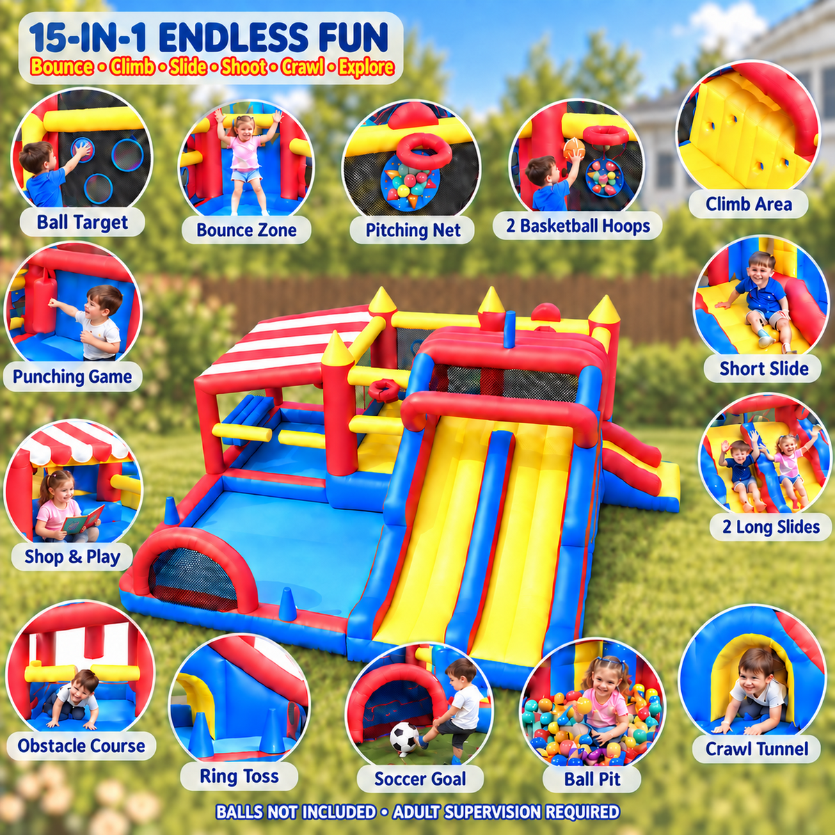 YorRover Large Inflatable Bounce House with Double Long Slides, Bounce Slide & 650W Blower, Up to 10 Kids, 794 lb Capacity, Ages 3+