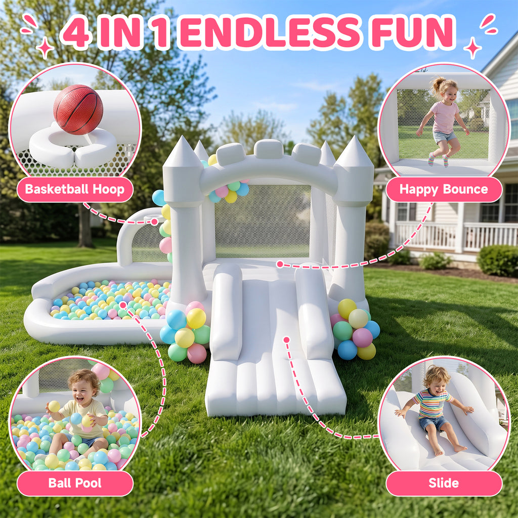 4-in-1 Inflatable Bounce House for Kids with Slide and Ball Pit,featuring safe mesh walls