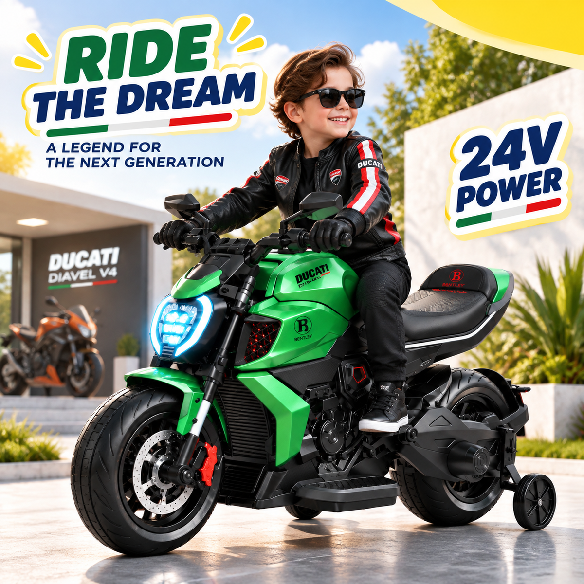 YorRover 24V Kids Ride-on Motorcycle, Ducati Licensed, Dual Motors, Training Wheels