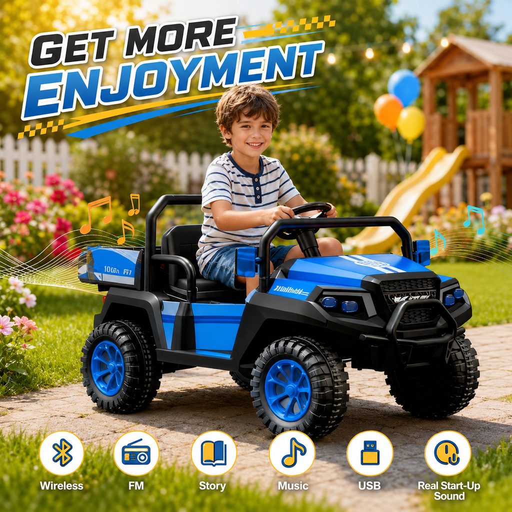 24V Ride on Toys for Big Kids, 4WD Ride on Car w/Remote Control 2-Seater Electric UTV Car, Pickup Trunk Bed, Extra Shovel, Battery Indication, 2 Speeds, Music, Wireless, LED Lights