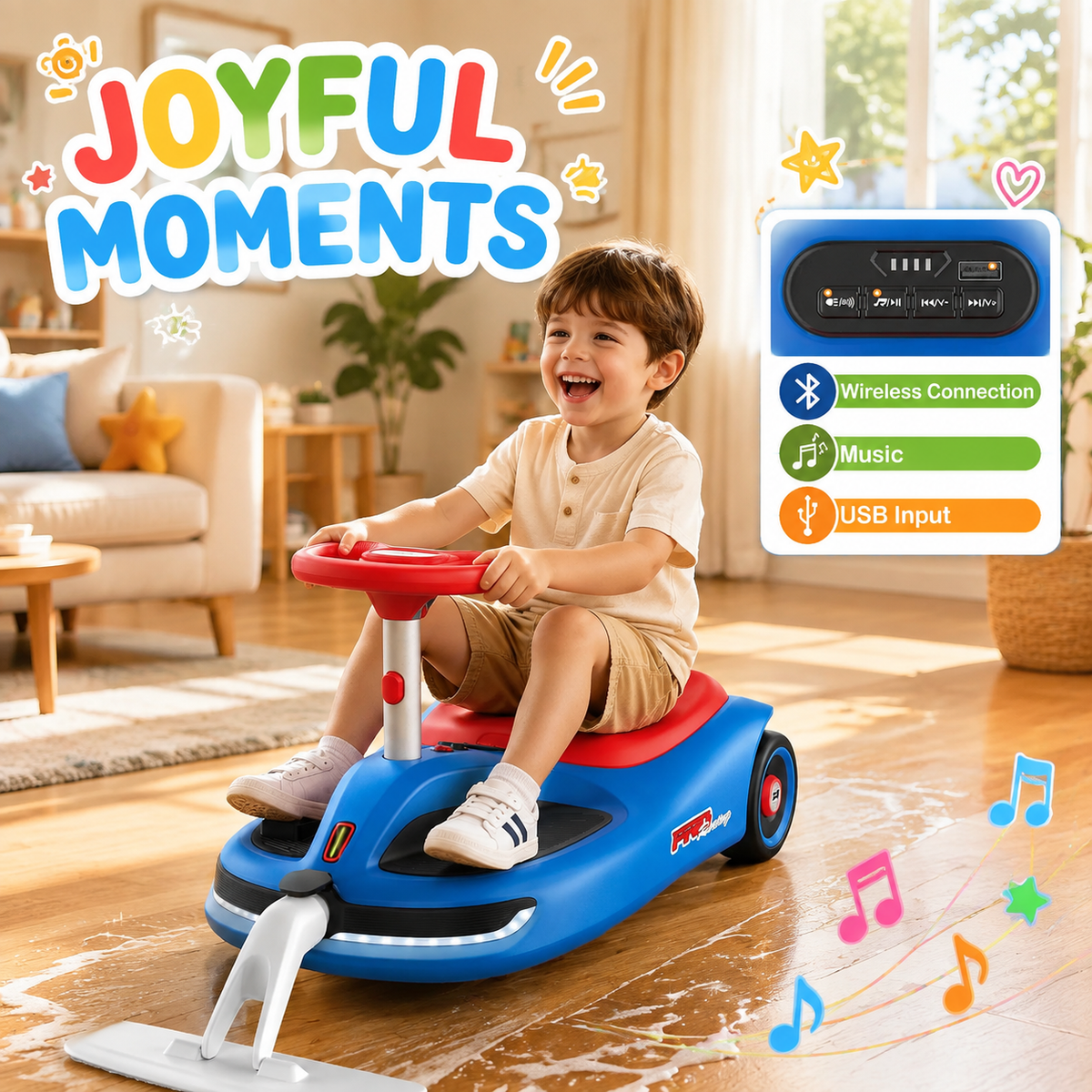 12V Electric Wiggle Car with Pedal, Kids Ride On Car with Cleaning Function, Rechargeable 2-in-1 Swing Car, 2 Speeds up to 4 MPH, LED Lights, Music, Ideal Birthday & Christmas Gift for Kids 3+