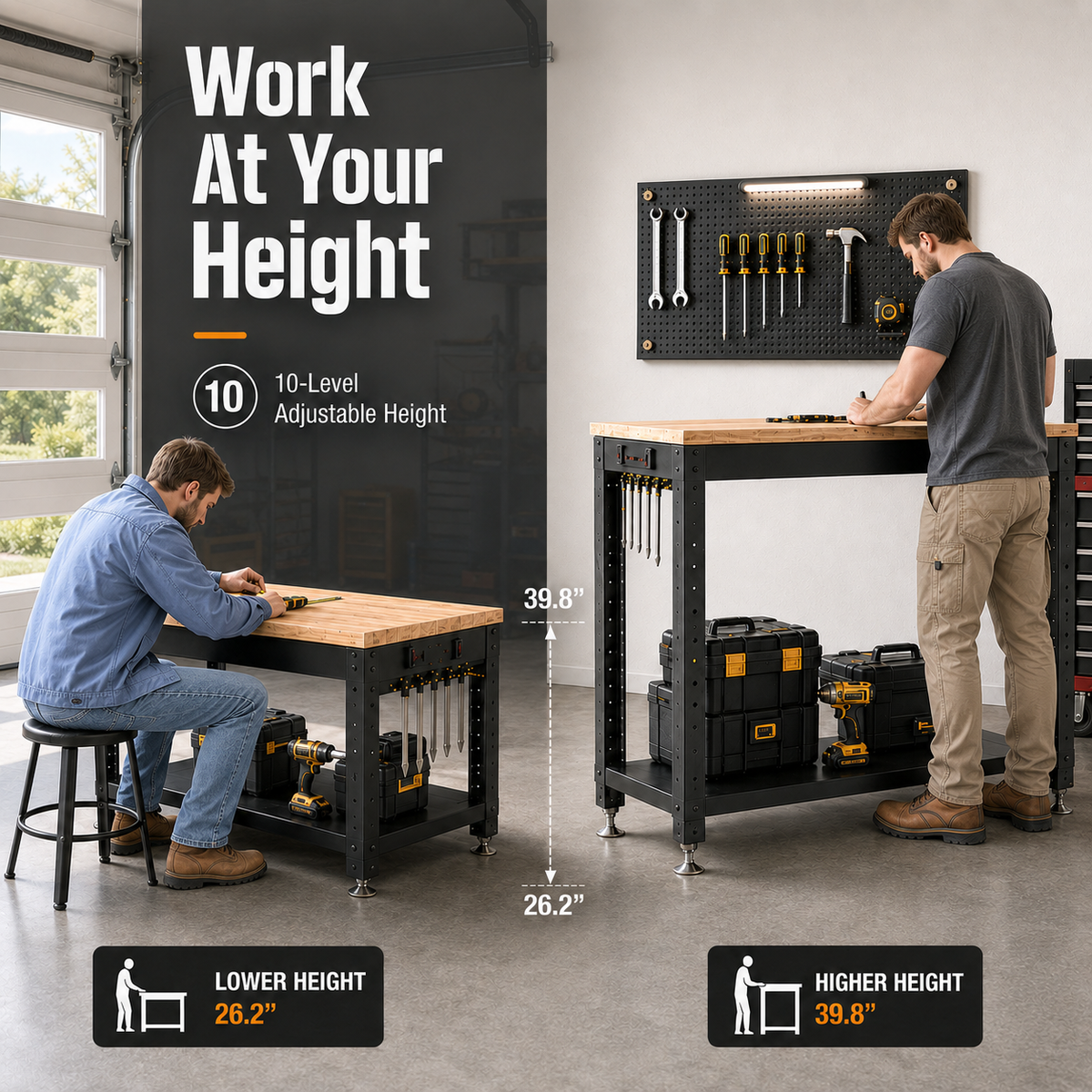 48'' Heavy Duty 2500 LBS Adjustable Workbench with Pegboard & Power Outlet,10-Level Adjustable Height