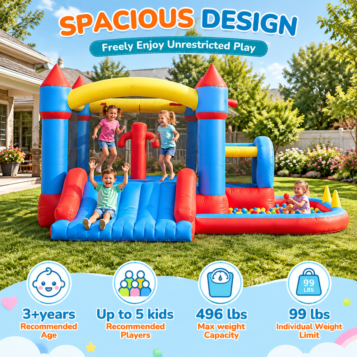 10-in-1 Inflatable Bounce House with Wide Slide, 450W Blower, Climbing, Ball Pit and Games for Kids