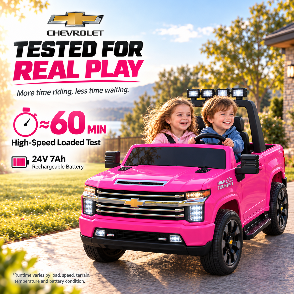 YorRover Officially Licensed Chevrolet Silverado HD 24V 4WD 2-Seater Ride-On Truck, Pink