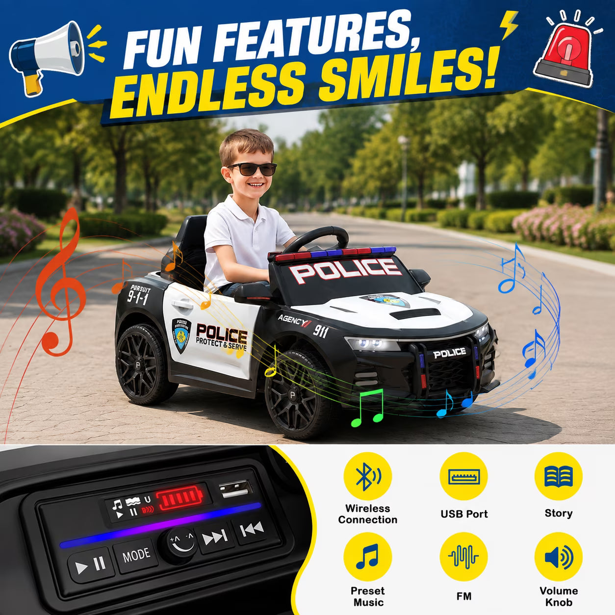 Kids Ride On Police Car, 12V Electric Car w/2.4G Remote Control, Siren, Speaker & Flashing Police Lights, Bluetooth Music & USB, Birthday & Christmas Gift for Kids Ages 3-5