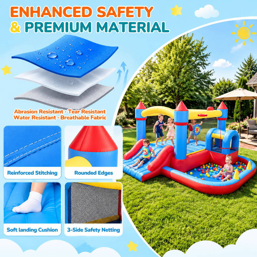 10-in-1 Inflatable Bounce House with Wide Slide, 450W Blower, Climbing, Ball Pit and Games for Kids
