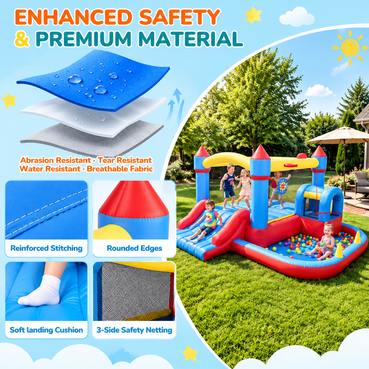 10-in-1 Inflatable Bounce House with Wide Slide, 450W Blower, Climbing, Ball Pit and Games for Kids