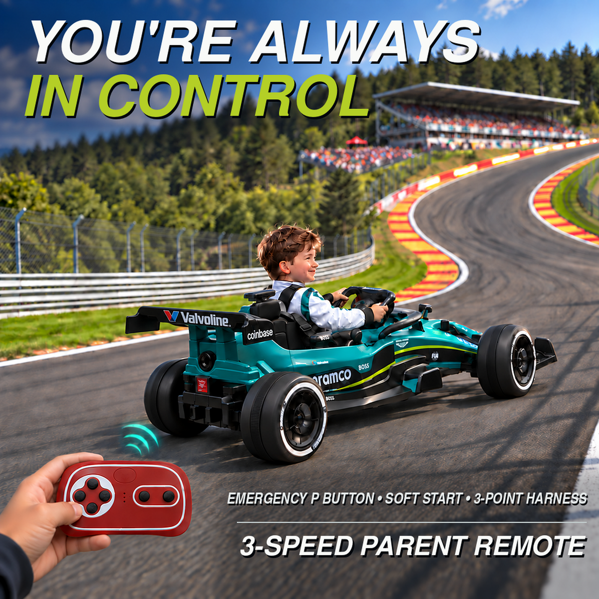 Officially Licensed Aston Martin AMR26 24V F1 Kids Ride-On Car, 4WD, Parent Remote, Up to 4.8 MPH, Bluetooth, Ages 3+, Green