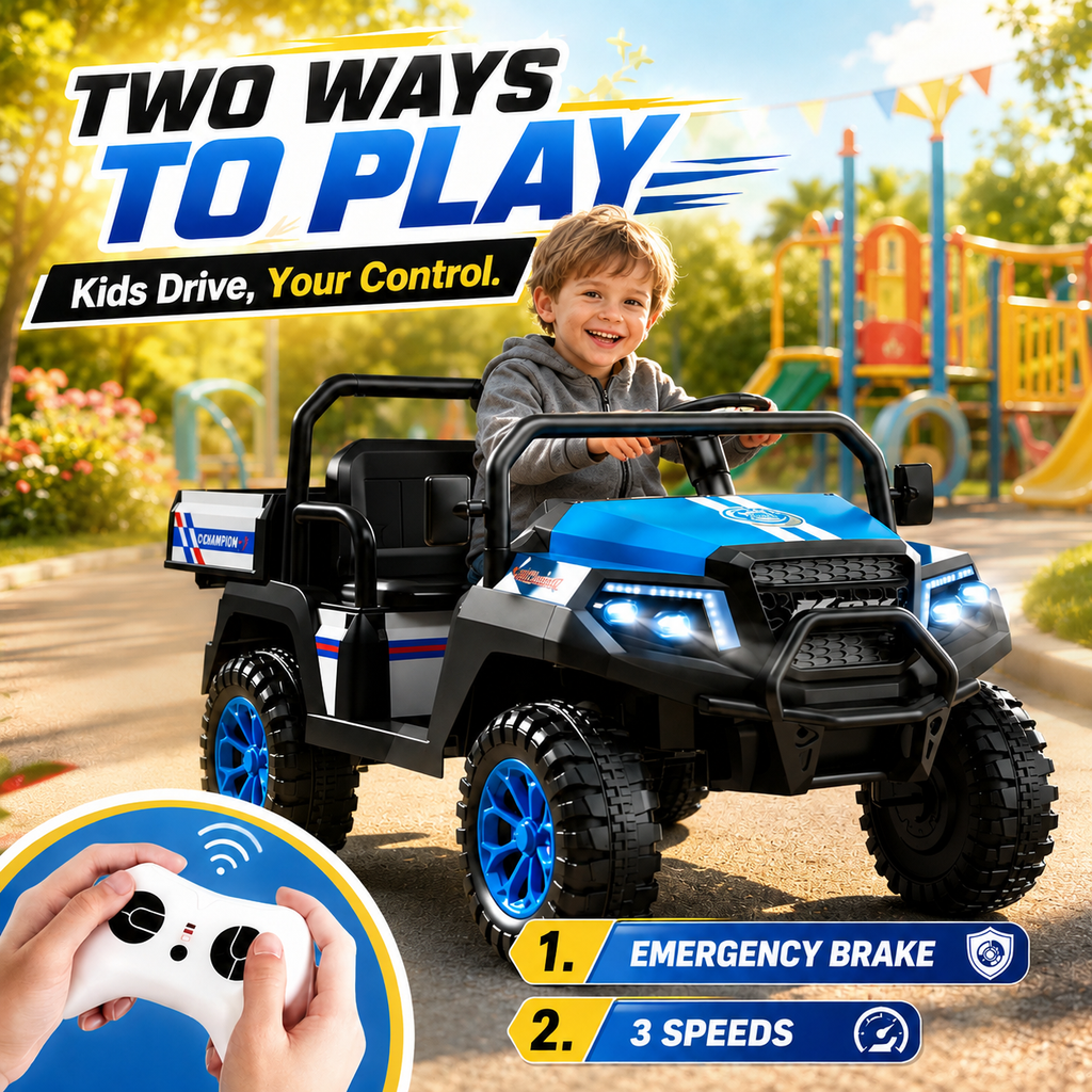 24V Ride on Toys for Big Kids, 4WD Ride on Car w/Remote Control 2-Seater Electric UTV Car, Pickup Trunk Bed, Extra Shovel, Battery Indication, 2 Speeds, Music, Wireless, LED Lights