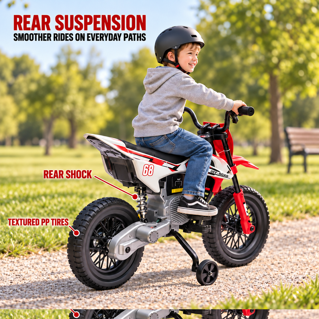 24V Kids Ride-On Motorcycle with Training Wheels, Dual Motors, 2-4 MPH Twist-Grip Throttle, Rear Suspension, Bluetooth Music, Battery Display, Motocross Style Electric Motorbike, Ages 3-8