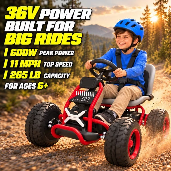 36V Electric Go Kart for Kids Ages 6+, 600W Motors, 4.7-10.3 MPH, Adjustable Steel Frame, 265 lb Capacity, Red