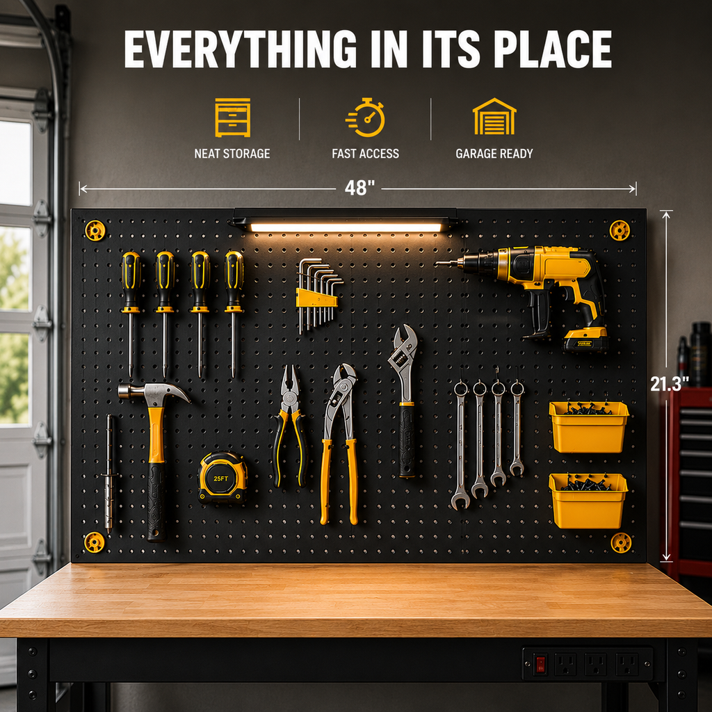 48'' Heavy Duty 2500 LBS Adjustable Workbench with Pegboard & Power Outlet,10-Level Adjustable Height