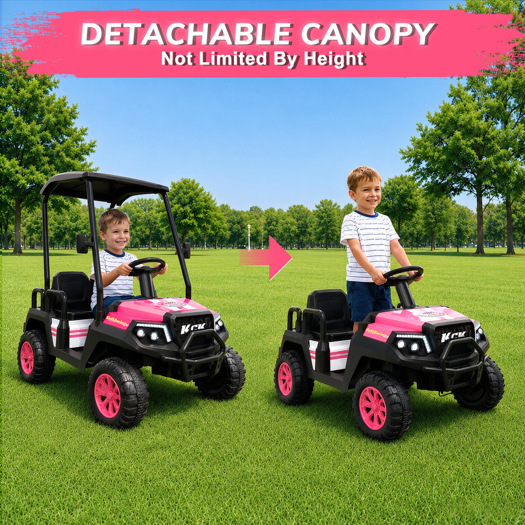 YorRover 4 Seater Kids' Golf Cart, 24V Electric Ride-On, 4×75W Motors, Parental Remote Control, 4WD Spring Suspension, Detachable Awning, Bluetooth & LED Lights, for Kids Ages 3 and up, Pink.