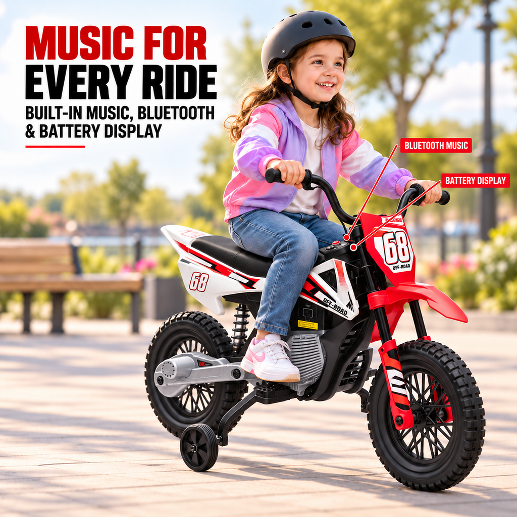 24V Kids Ride-On Motorcycle with Training Wheels, Dual Motors, 2-4 MPH Twist-Grip Throttle, Rear Suspension, Bluetooth Music, Battery Display, Motocross Style Electric Motorbike, Ages 3-8