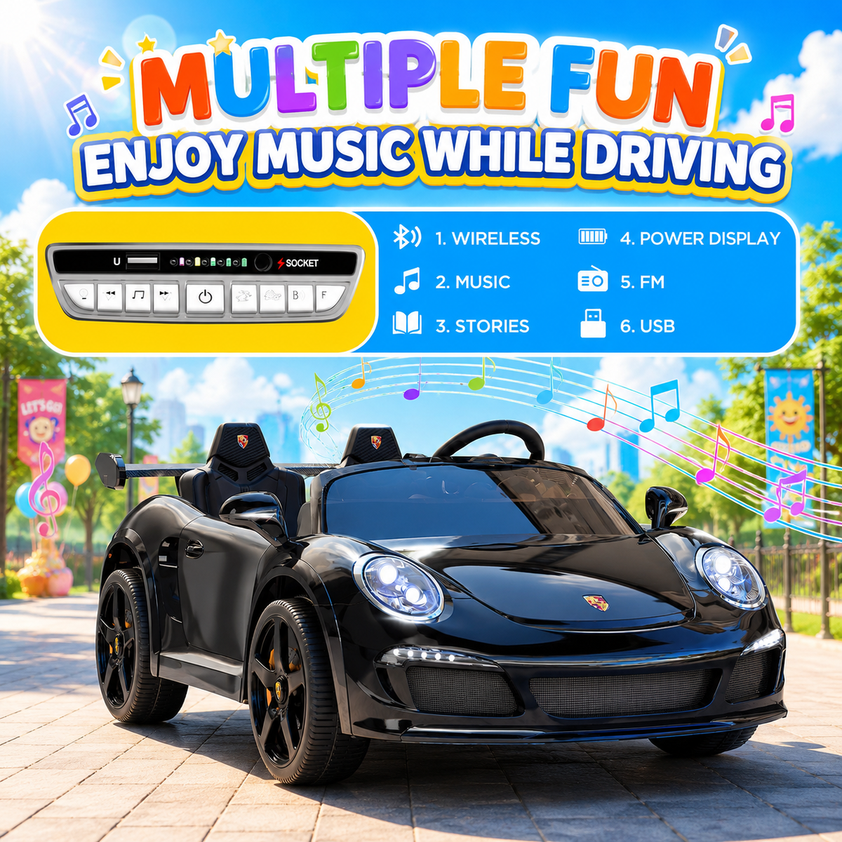 24V Kids Ride on Car for Big Kids, 2 Seaters RUF Licensed Sports Car，4WD Kids Electric Car, Ride on Toys, Remote Control, Features Music, Story, Wireless Connection